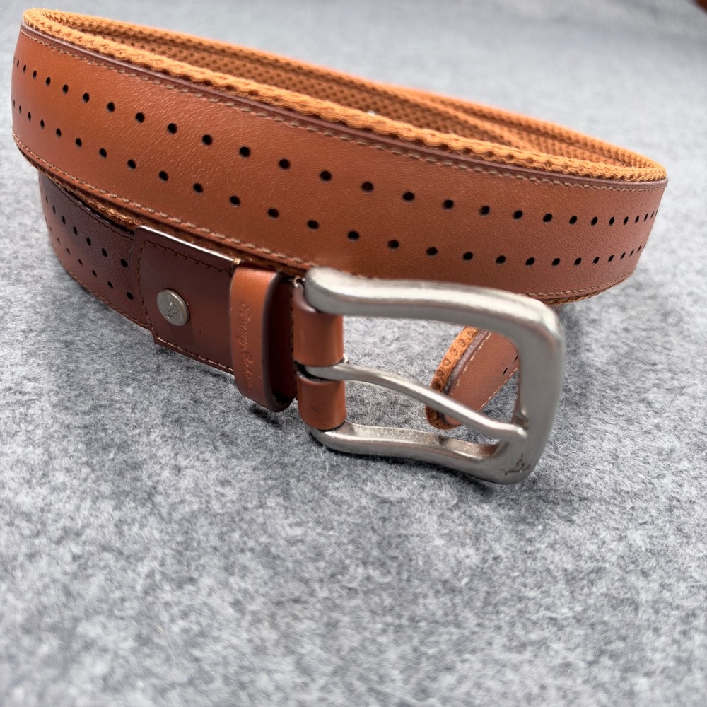 Tommy Bahama Mens Perforated Leather Mesh Back Belt Brown Marlin Buckle 44